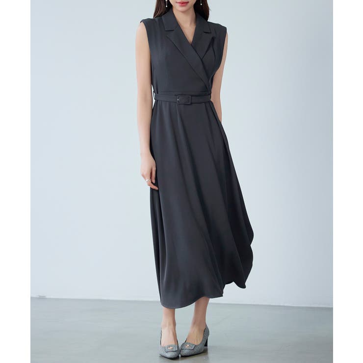 チャコール | テーラードカラーベルト付きフレアワンピース | SAISON DE PAPILLON 