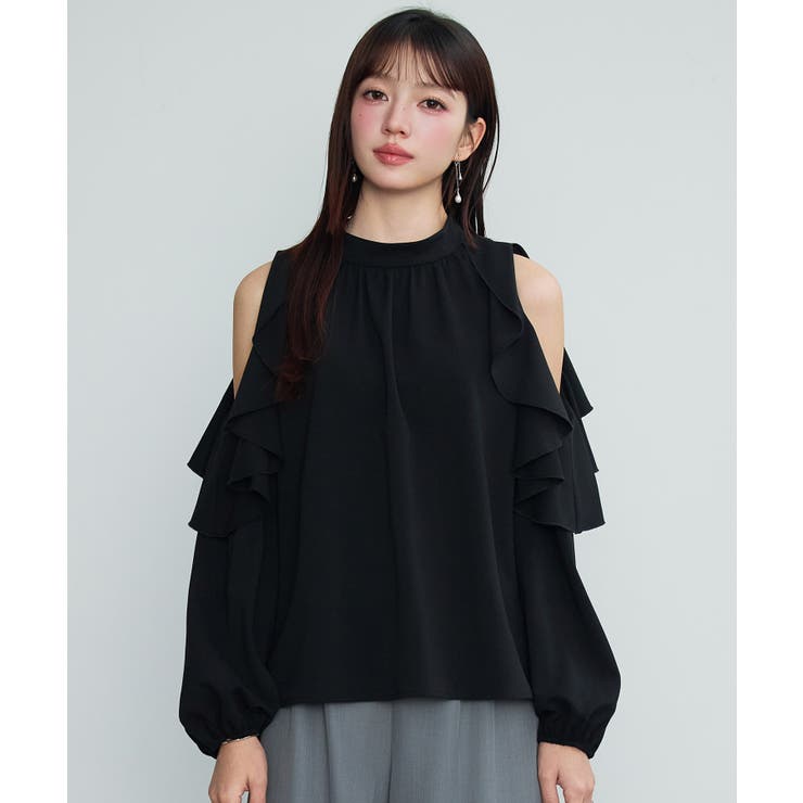 ブラック | オープンショルダーフリルブラウス | SAISON DE PAPILLON 
