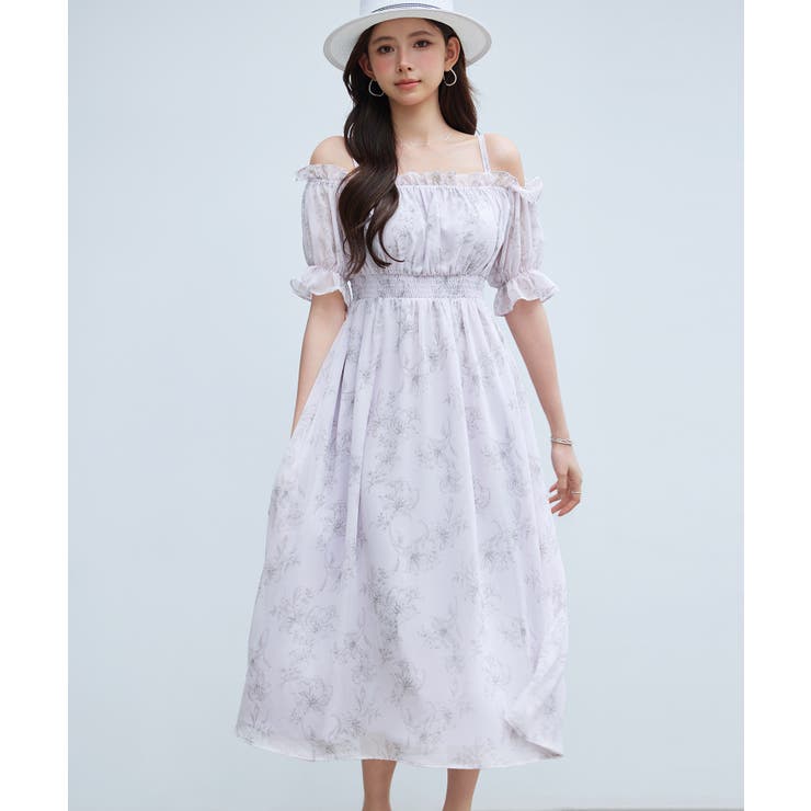 ラベンダー | オフショルダー花柄シフォンワンピース | SAISON DE PAPILLON 