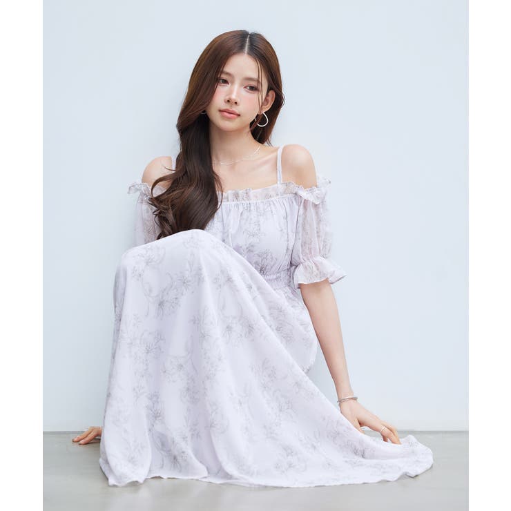 オフショルダー花柄シフォンワンピース | SAISON DE PAPILLON  | 詳細画像3 