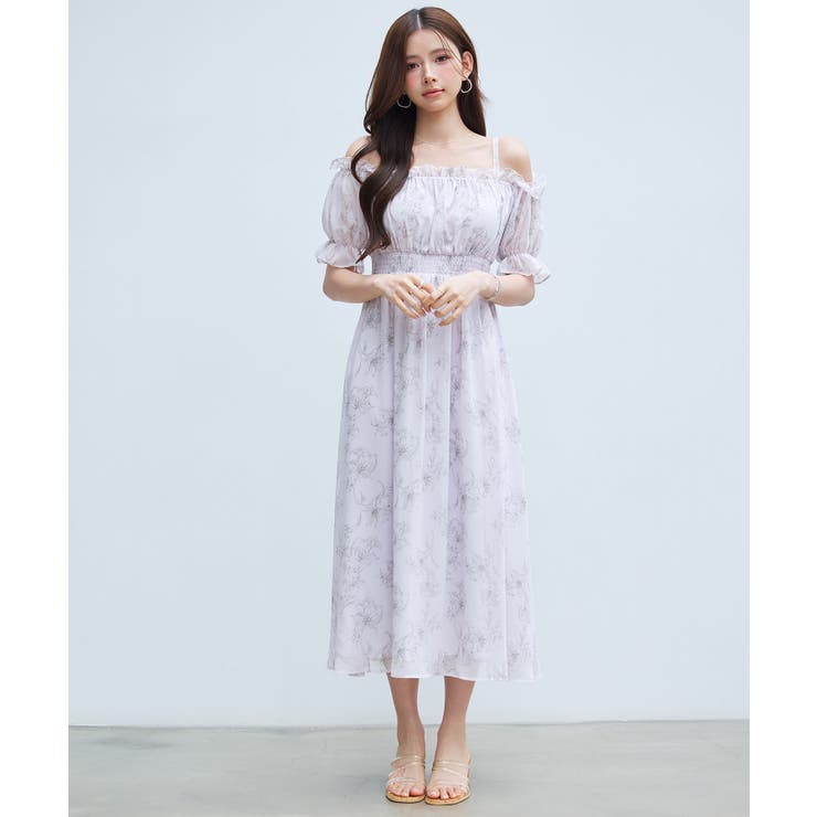 オフショルダー花柄シフォンワンピース | SAISON DE PAPILLON  | 詳細画像4 