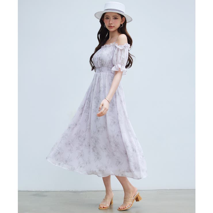 オフショルダー花柄シフォンワンピース | SAISON DE PAPILLON  | 詳細画像6 