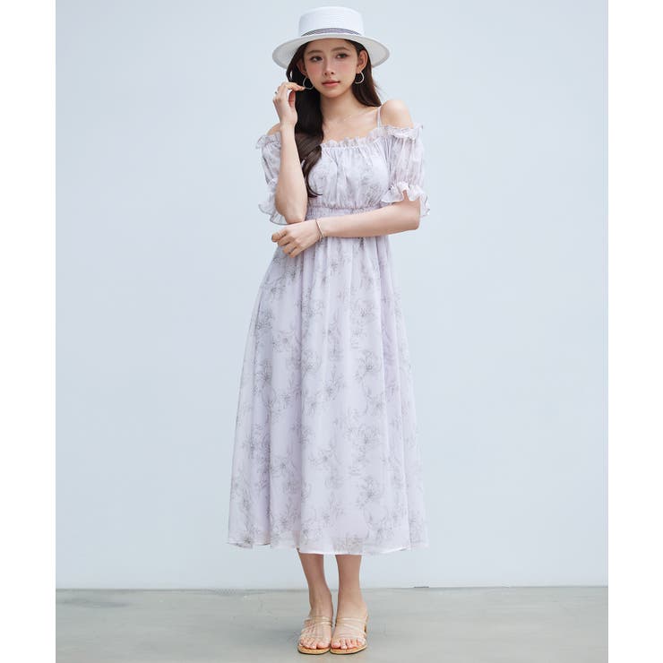 オフショルダー花柄シフォンワンピース | SAISON DE PAPILLON  | 詳細画像7 