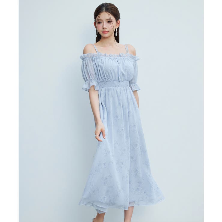 ブルー | オフショルダー花柄シフォンワンピース | SAISON DE PAPILLON 