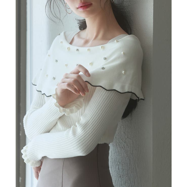 アイボリー | パール＆ビジュスカラップカラーニットプルオーバー | SAISON DE PAPILLON 