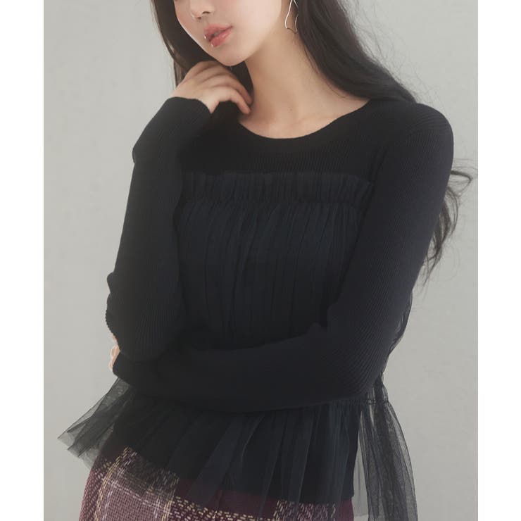 ブラック | チュールとニットがドッキングしたビスチェ風プルオーバー | SAISON DE PAPILLON 
