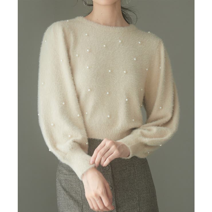 ベージュ | パール付きシャギー素材ニットプルオーバー | SAISON DE PAPILLON 