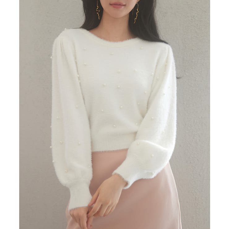 ホワイト | パール付きシャギー素材ニットプルオーバー | SAISON DE PAPILLON 