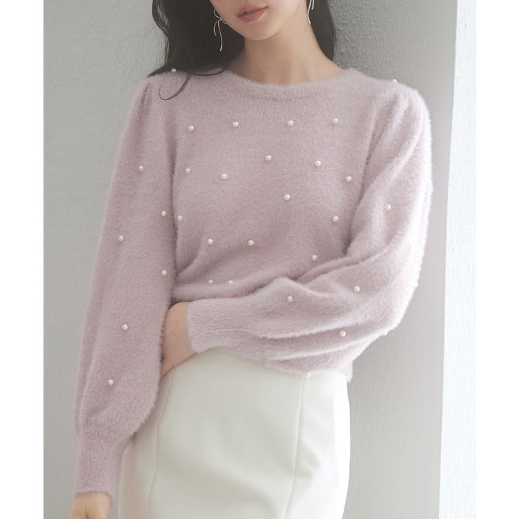 ピンク | パール付きシャギー素材ニットプルオーバー | SAISON DE PAPILLON 