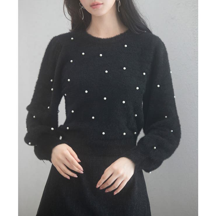 ブラック | パール付きシャギー素材ニットプルオーバー | SAISON DE PAPILLON 