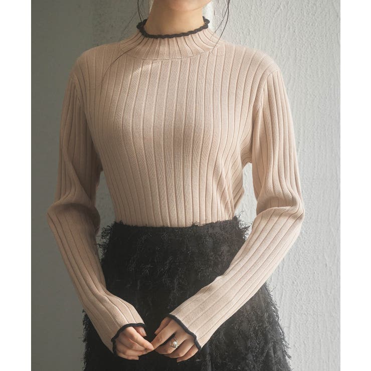ピンクベージュ | 太めリブ編みプチハイネックニットプルオーバー | SAISON DE PAPILLON 
