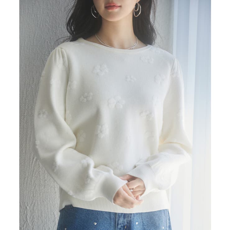 アイボリー | フラワーモチーフ裏起毛ニットプルオーバー | SAISON DE PAPILLON 