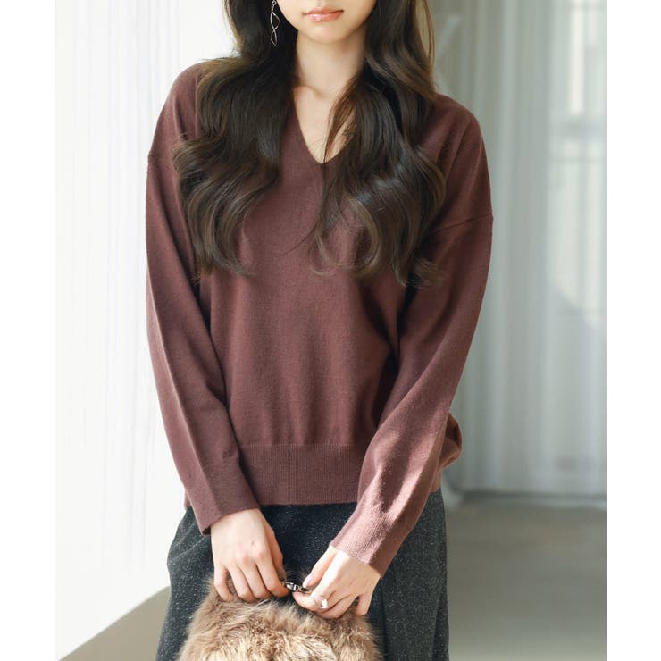 ダークブラウン | キーネックドロップショルダーニット | SAISON DE PAPILLON 