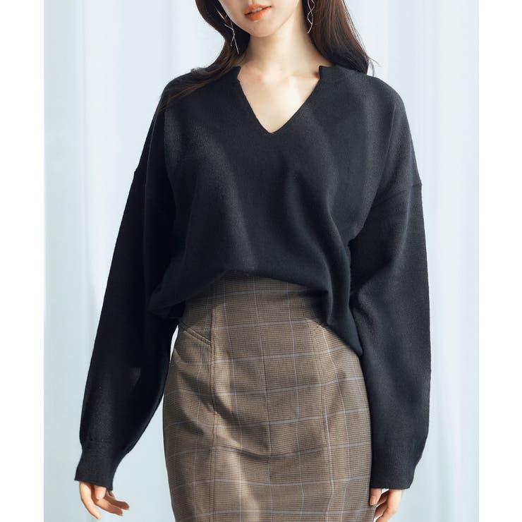 ブラック | キーネックドロップショルダーニット | SAISON DE PAPILLON 