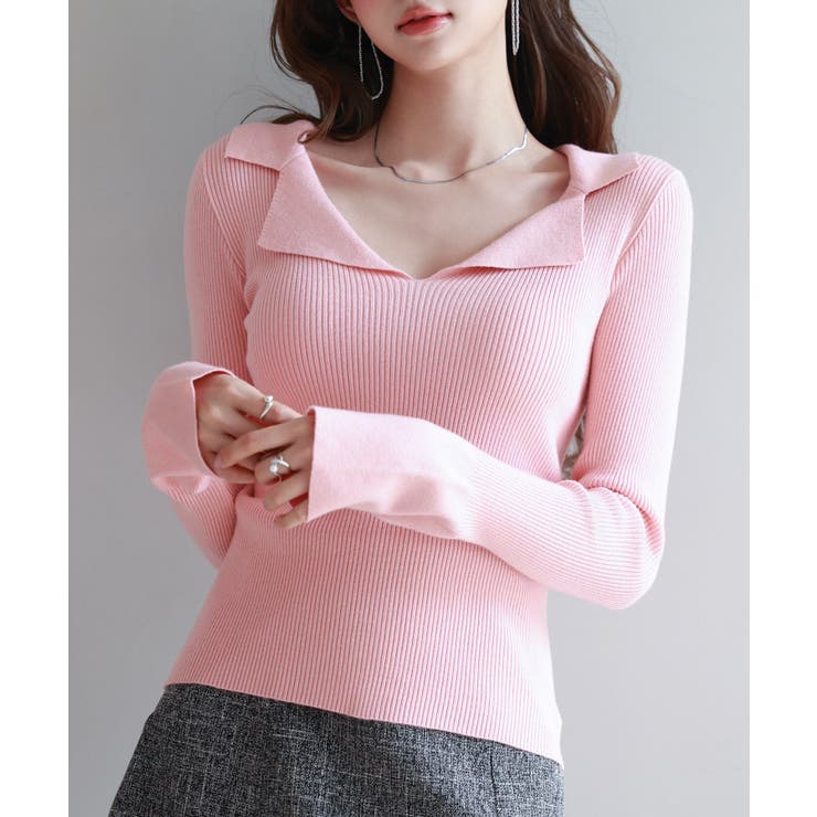ピンク | リブ編みポロネックニットプルオーバー | SAISON DE PAPILLON 