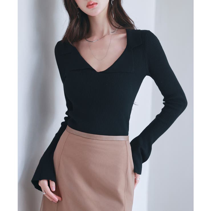 ブラック | リブ編みポロネックニットプルオーバー | SAISON DE PAPILLON 