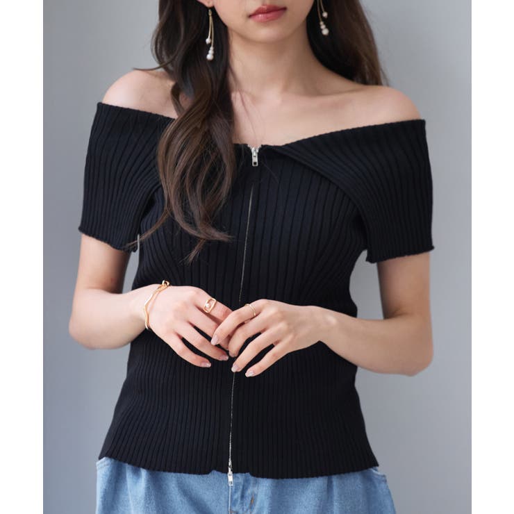 ブラック | ダブルジップオフショルダーニット | SAISON DE PAPILLON 