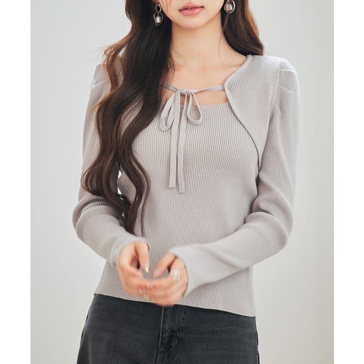 ベージュ | レイヤード風リブ編みニットトップス | SAISON DE PAPILLON 