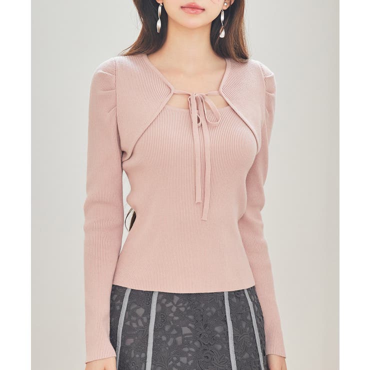 ピンク | レイヤード風リブ編みニットトップス | SAISON DE PAPILLON 