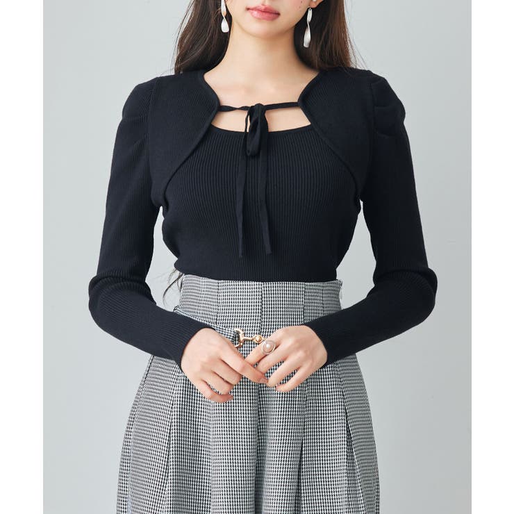 ブラック | レイヤード風リブ編みニットトップス | SAISON DE PAPILLON 