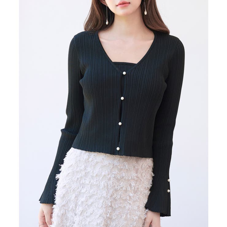 ブラック | レイヤードランダムリブ編みニットトップス | SAISON DE PAPILLON 