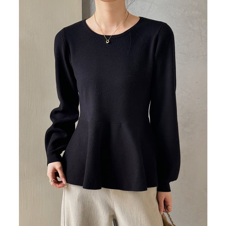 ブラック | クルーネックペプラムニットトップス | SAISON DE PAPILLON 