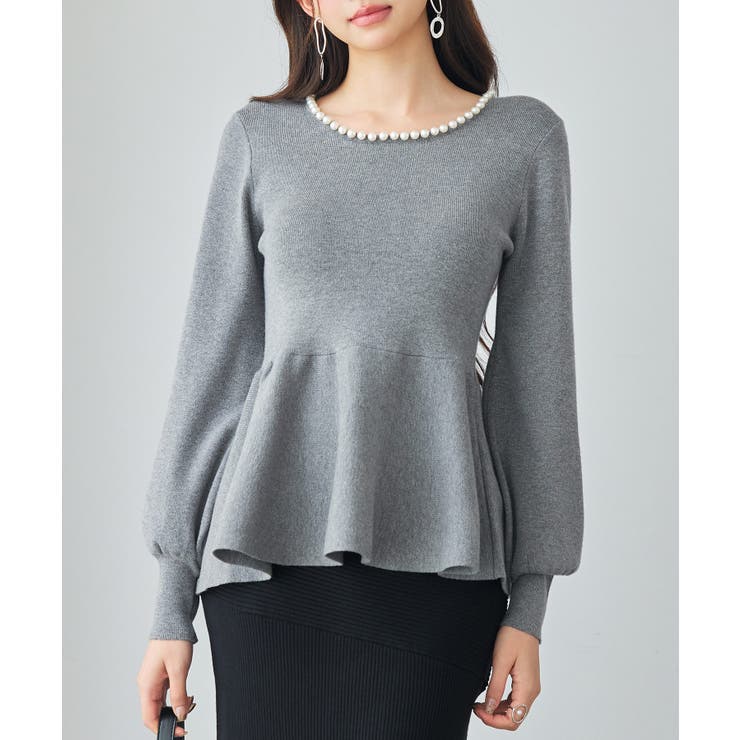 グレー | パール付きニットペプラムプルオーバー | SAISON DE PAPILLON 