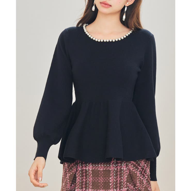 ブラック | パール付きニットペプラムプルオーバー | SAISON DE PAPILLON 