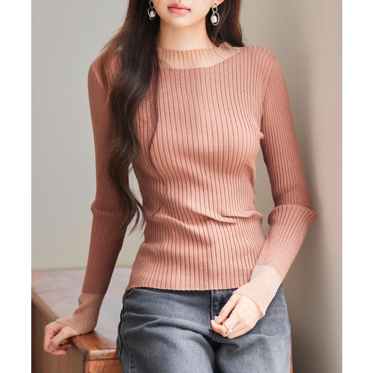 ブラウン | シアドッギング長袖リブニットトップス | SAISON DE PAPILLON 