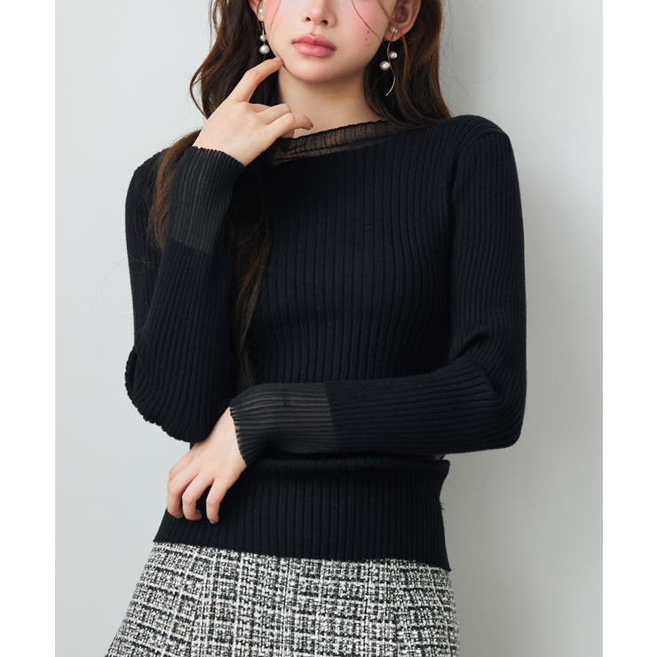 ブラック | シアドッギング長袖リブニットトップス | SAISON DE PAPILLON 