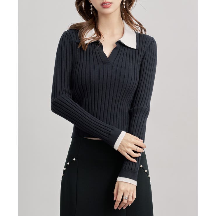 ブラック | レイヤー配色カラーリブニット | SAISON DE PAPILLON 