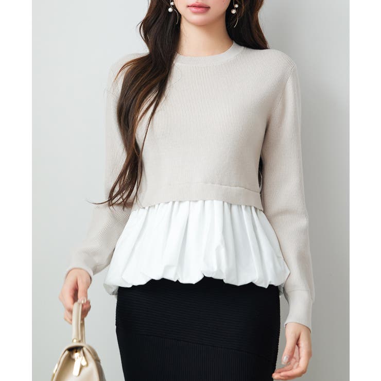 ベージュ | 異素材フリルバルーンペプラムニットトップス | SAISON DE PAPILLON 