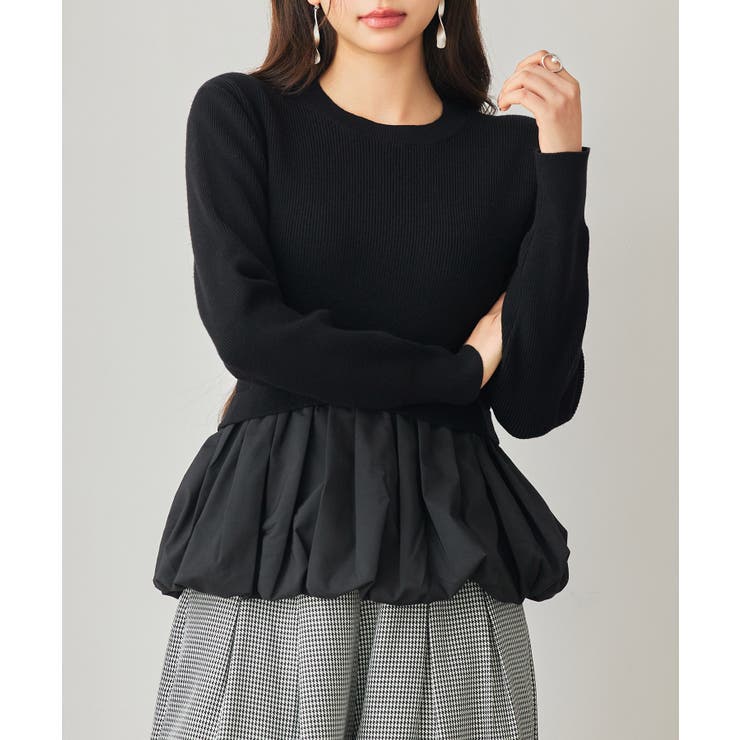 ブラック | 異素材フリルバルーンペプラムニットトップス | SAISON DE PAPILLON 
