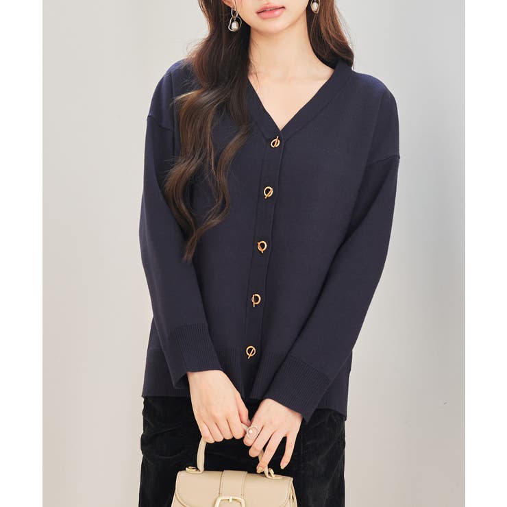 ネイビー | ハトメ釦Vネック長袖ニットカーディガン | SAISON DE PAPILLON 