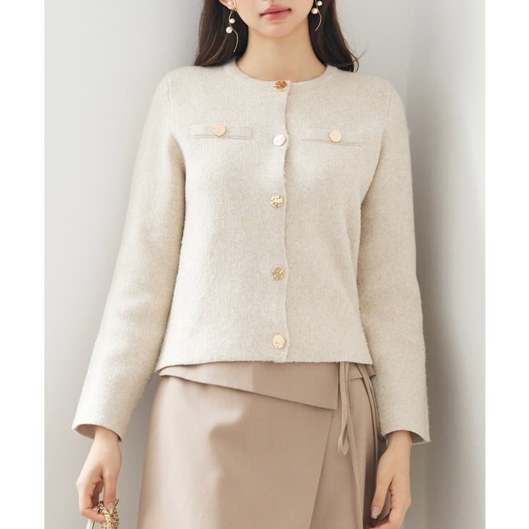 ベージュ | ノーカラーショート丈ニットカーディガン | SAISON DE PAPILLON 