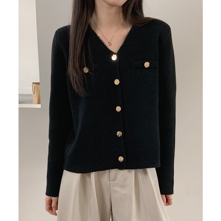 ブラック | Vネックのショート丈ニットカーディガン | SAISON DE PAPILLON 