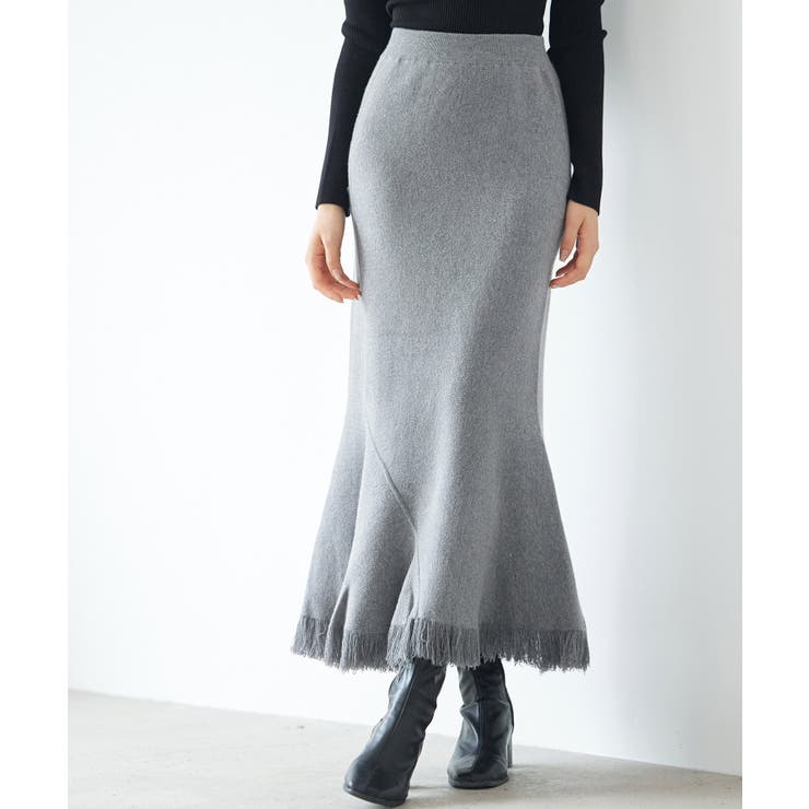 グレー | マーメイド裾フリンジニットロングスカート | SAISON DE PAPILLON 