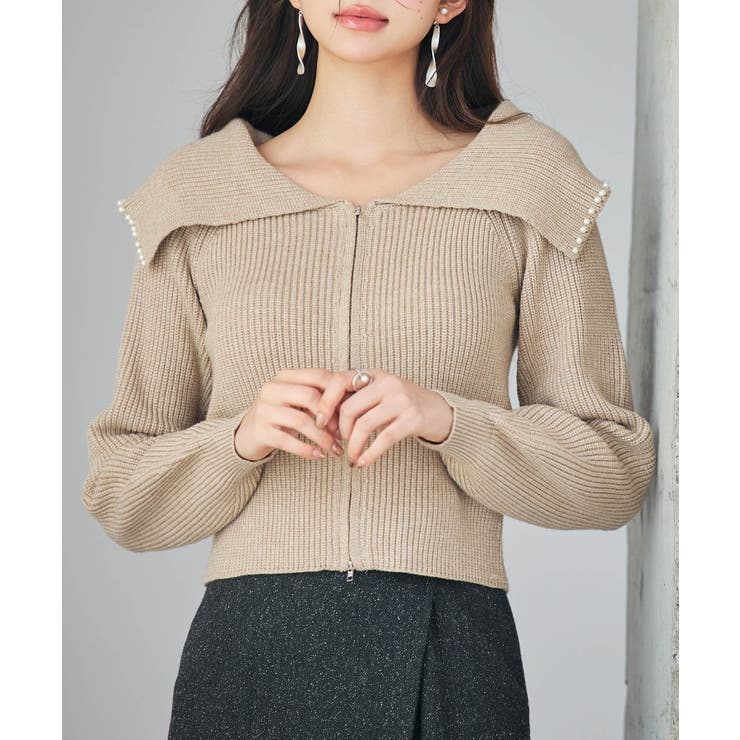 ベージュ | パール付きダブルジップニットカーディガン | SAISON DE PAPILLON 