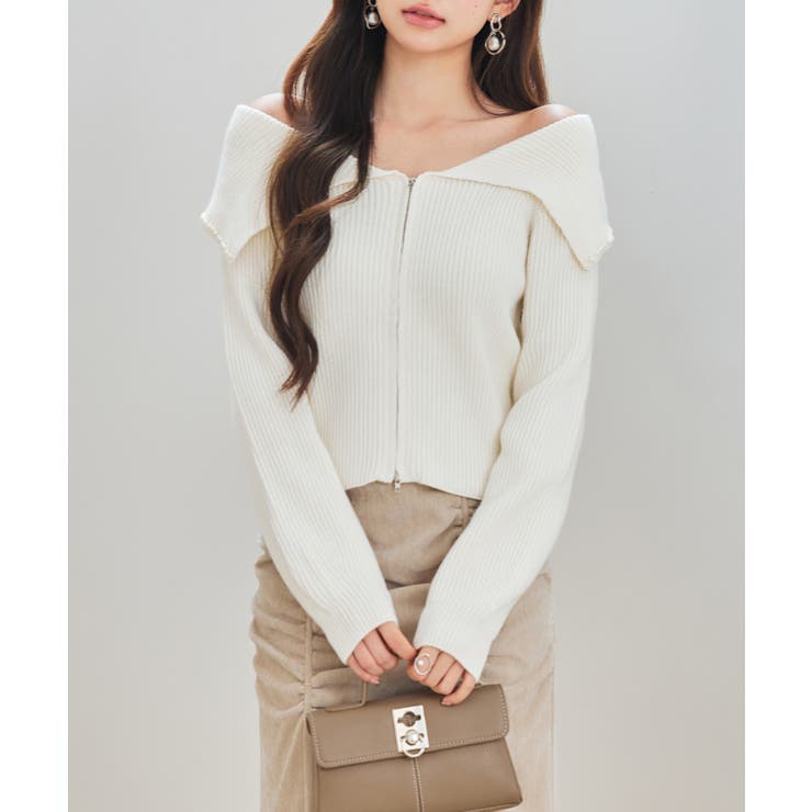 アイボリー | パール付きダブルジップニットカーディガン | SAISON DE PAPILLON 