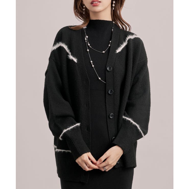 ブラック | 配色ラインロングニットカーディガン | SAISON DE PAPILLON 