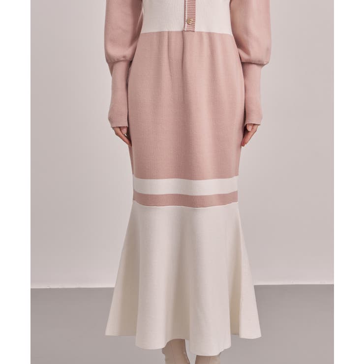 トランペットライン長袖ミディ丈配色ニットワンピース | SAISON DE PAPILLON  | 詳細画像13 