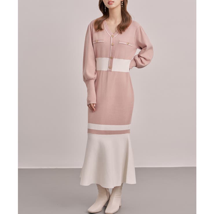 トランペットライン長袖ミディ丈配色ニットワンピース | SAISON DE PAPILLON  | 詳細画像3 