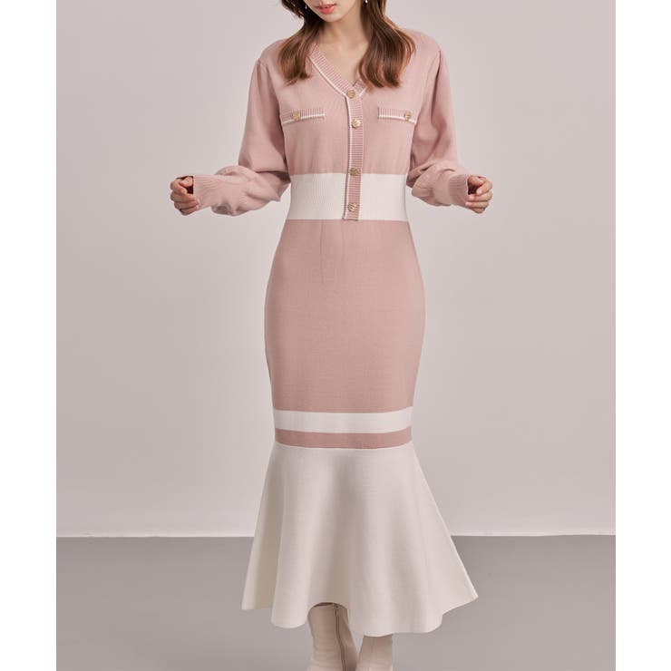 トランペットライン長袖ミディ丈配色ニットワンピース | SAISON DE PAPILLON  | 詳細画像7 