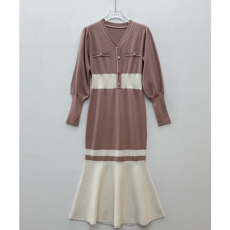 トランペットライン長袖ミディ丈配色ニットワンピース | SAISON DE PAPILLON  | 詳細画像22 