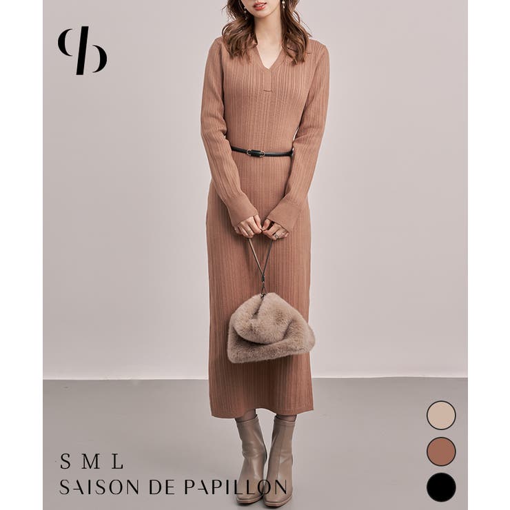 ベルト付きジョニーカラーランダムリブ編みニットワンピース | SAISON DE PAPILLON  | 詳細画像1 