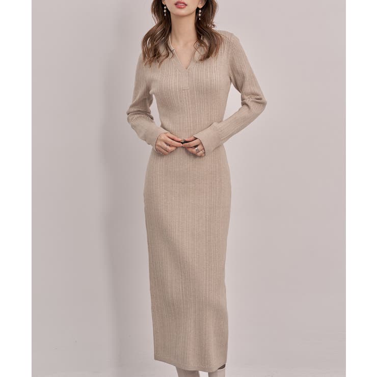 ベルト付きジョニーカラーランダムリブ編みニットワンピース | SAISON DE PAPILLON  | 詳細画像24 