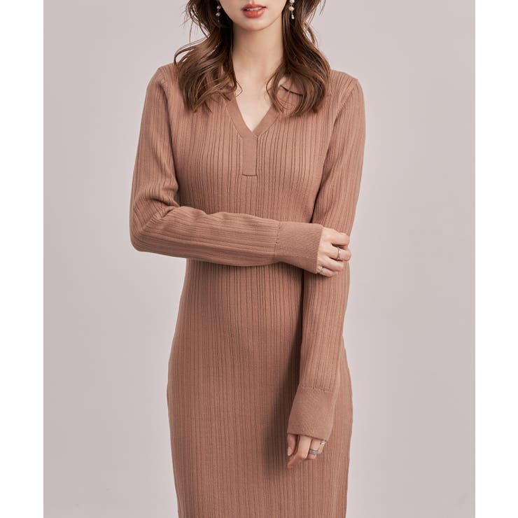 ベルト付きジョニーカラーランダムリブ編みニットワンピース | SAISON DE PAPILLON  | 詳細画像15 