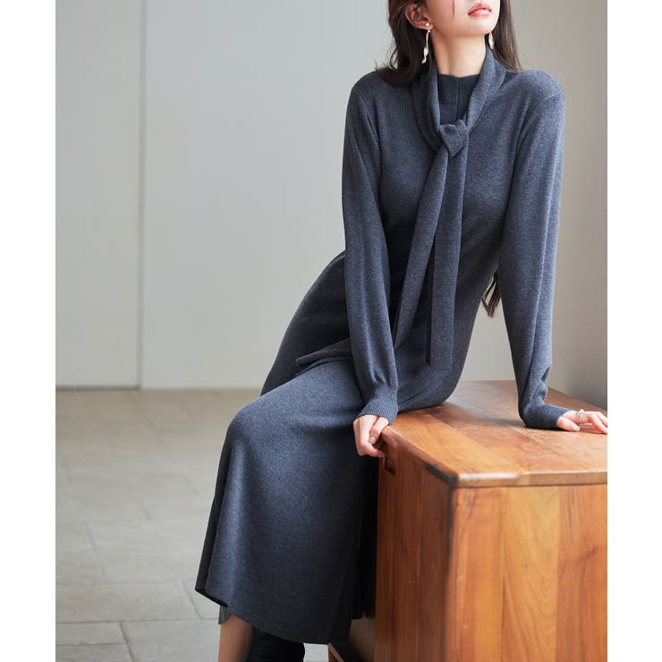 共布マフラー付きニットミディ丈ワンピース | SAISON DE PAPILLON  | 詳細画像4 