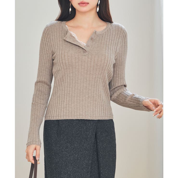 ベージュ | 胸元レースリブ編みニットトップス | SAISON DE PAPILLON 