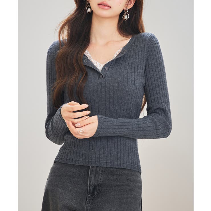 胸元レースリブ編みニットトップス | SAISON DE PAPILLON  | 詳細画像3 